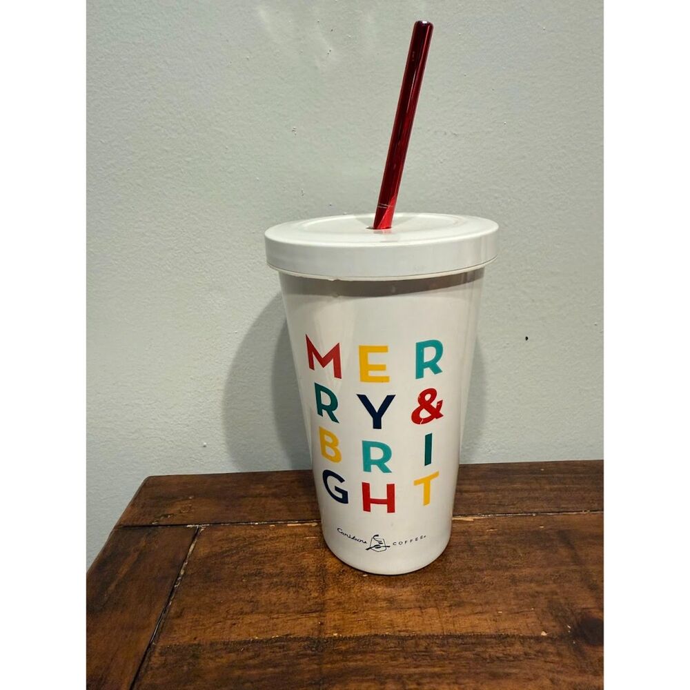 Caribou Coffee holiday tumbler. "MERRY & BRIGHT"